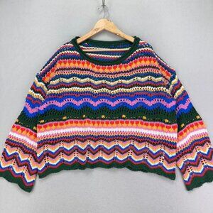 SHEIN Sweater Womens M Rainbow Crochet Overs Crewneck Boxy Fit Retro Open Knit